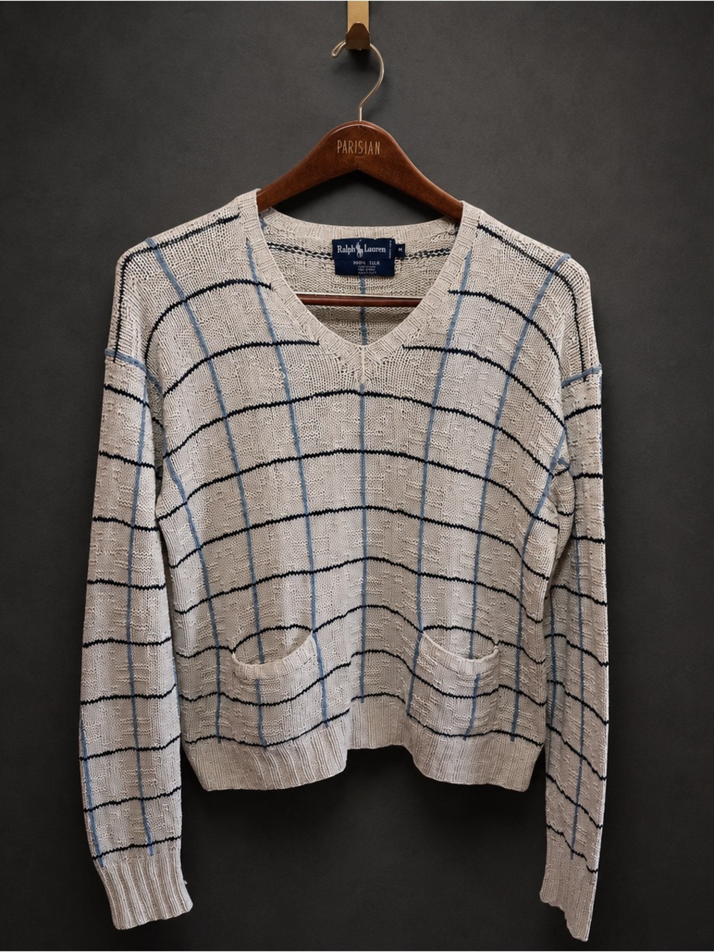 VTG 90s Ralph Lauren 100% Silk Hand Knit Sweater Windowpane Pockets Women’s M